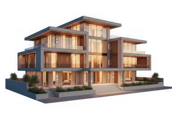 A modern luxury house with a flat roof isolated on transparent background