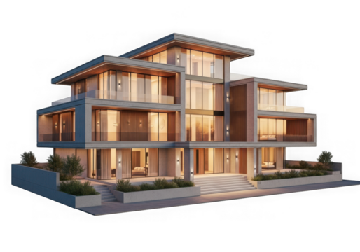 A modern luxury house with a flat roof isolated on transparent background