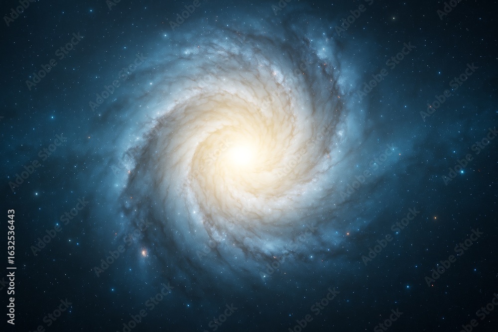 Poster glowing spiral galaxy with bright core in deep space surrounded by stars and cosmic clouds on black 