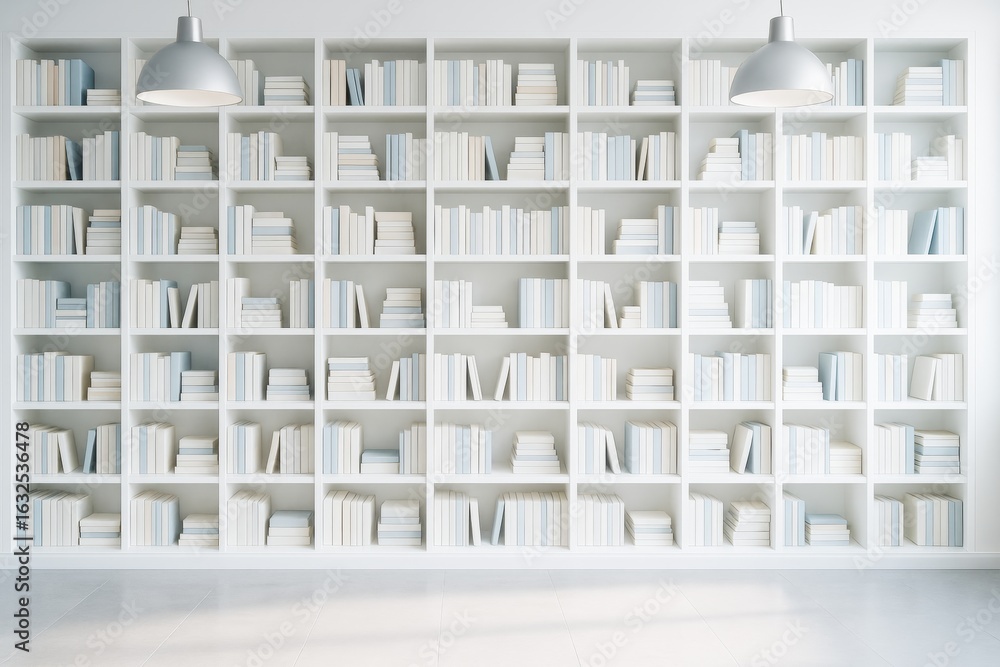 Aufkleber minimalist white bookshelf filled with color-coded books under pendant lights in a bright modern int