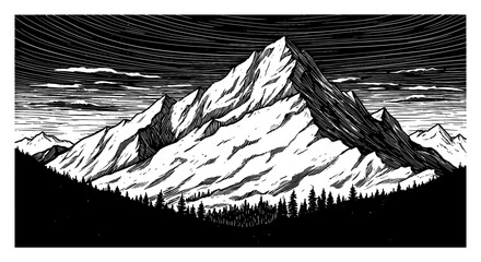 Fototapeta premium Dramatic Snowy Mountains Landscape with Pine Forest in Foreground Black and White Outline Line Art Drawing Engraving Style