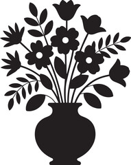 Black silhouette of a vase filled with stylized flowers and leaves white