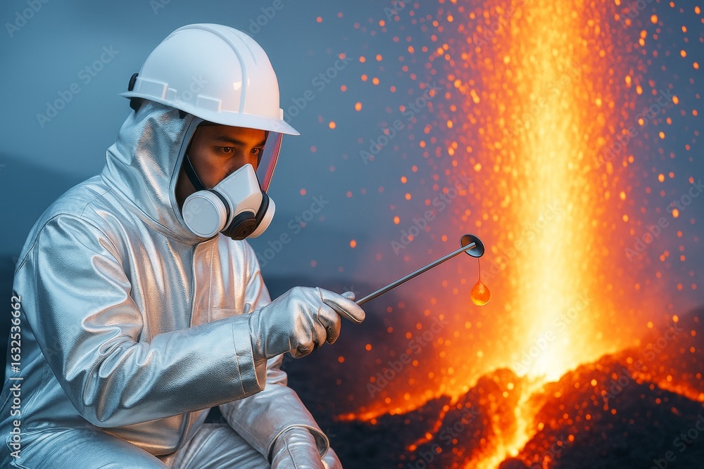 Poster scientist in protective suit collecting lava sample near erupting volcano with glowing molten backgr