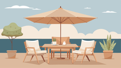 A peaceful outdoor patio with a light wood dining set accented with cozy cushions and a neutralcolored umbrella.