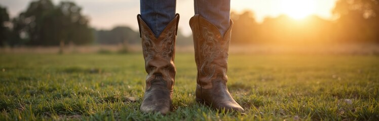 Brown cowboy boots on gray background, positioned diagonally, simple yet striking footwear design. Boots stand out against plain backdrop, creating sense of balance and visual interest.
