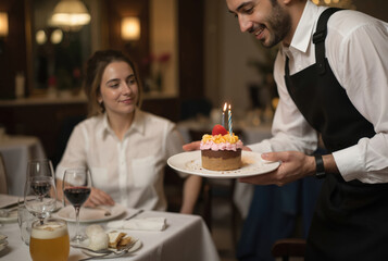 Chef presents birthday cake to happy woman in restaurant. Cake with pink, red frosting on white plate. Man in white shirt holds white candle, table setting creates cozy atmosphere with wine glass,