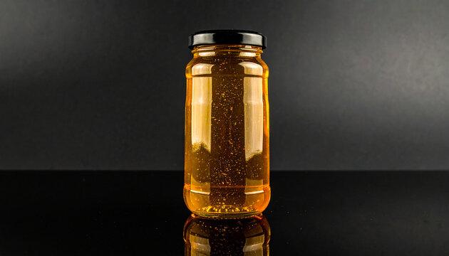 A beautiful glass jar of pure golden honey with a black cap, standing on a reflective surface against a dark background. - Powered by Adobe