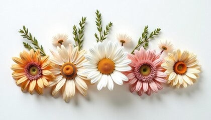 Fototapeta premium Colorful flower arrangement with green leaves on white background 