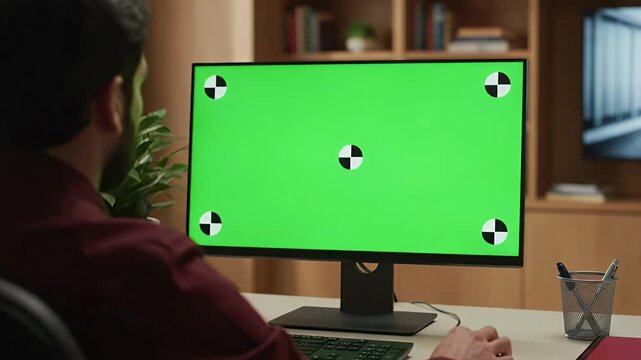 Rear view of a professional man working on a large green screen computer monitor with tracking markers in his office ideal for digital display mockups app demos