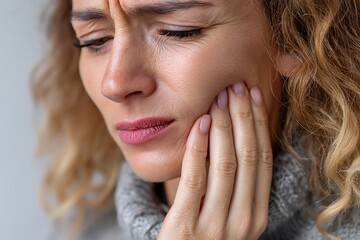 Close-up of a female patient with temporomandibular joint disorder, holding her jaw in pain, highlighting discomfort and health.