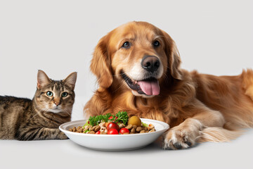 Healthy brown cat and dog with food in studio lighting. Dog and cat food product shot, poster, background.