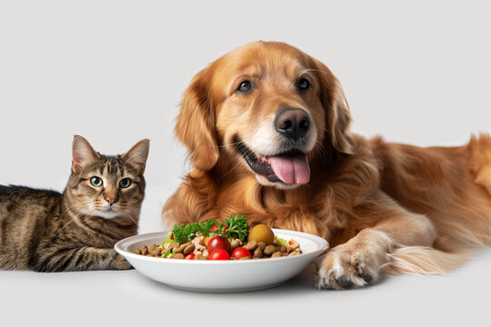 Healthy brown cat and dog with food in studio lighting. Dog and cat food product shot, poster, background.