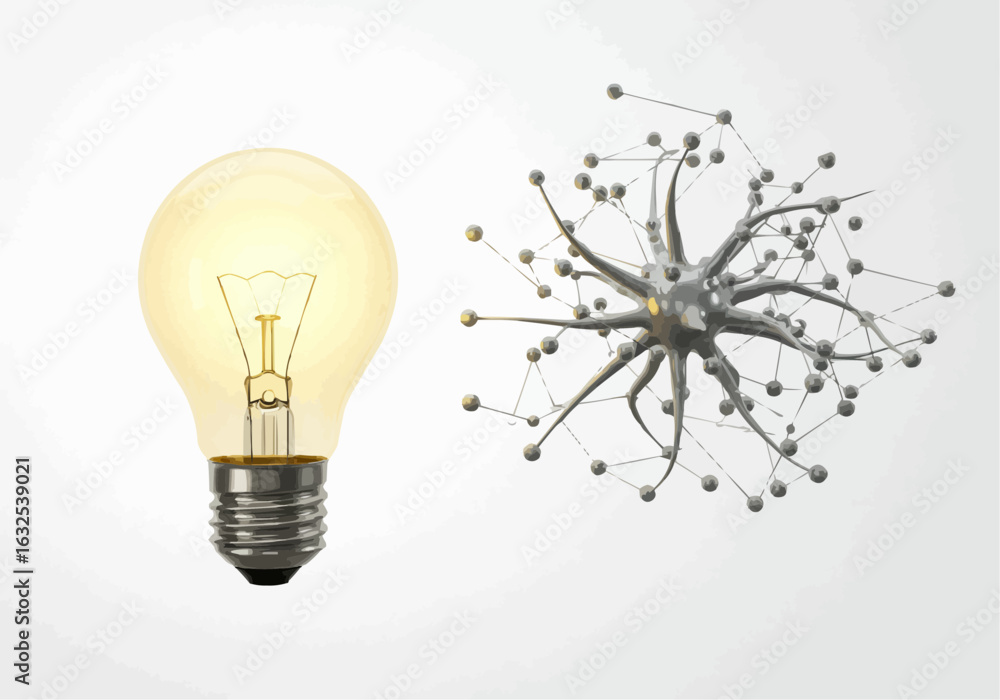 Poster light bulb illuminating next to a complex network structure with interconnected nodes and lines on w