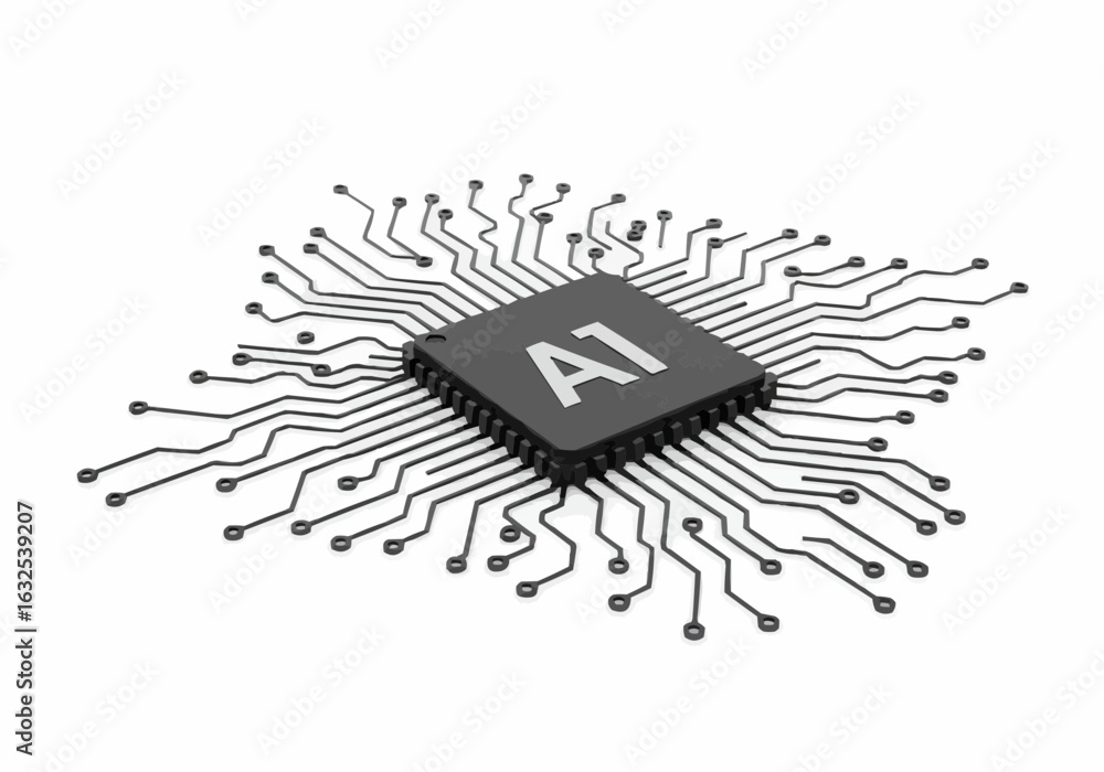 Poster close up of a black computer chip with the letters a and one on it and many connecting wires around 