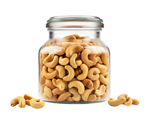 A glass jar filled with raw cashew nuts, sealed with a bla