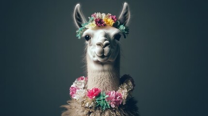 Llama with floral necklace, friendly expression, cruelty-free concept generative ai