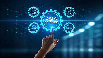 Hand interacting with glowing data science interface and gears