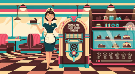 Nostalgic Diner Scene Featuring Waitress Jukebox And Delicious Chocolate Desserts