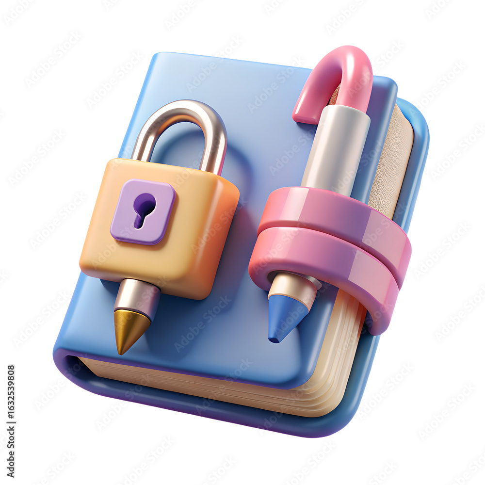 Poster 3d icon of notebook with pen and padlock isolated on transparent background