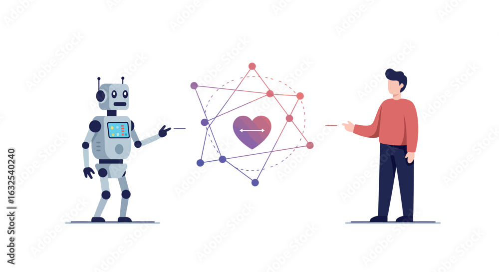Poster human robot interaction with heart connection concept in flat style