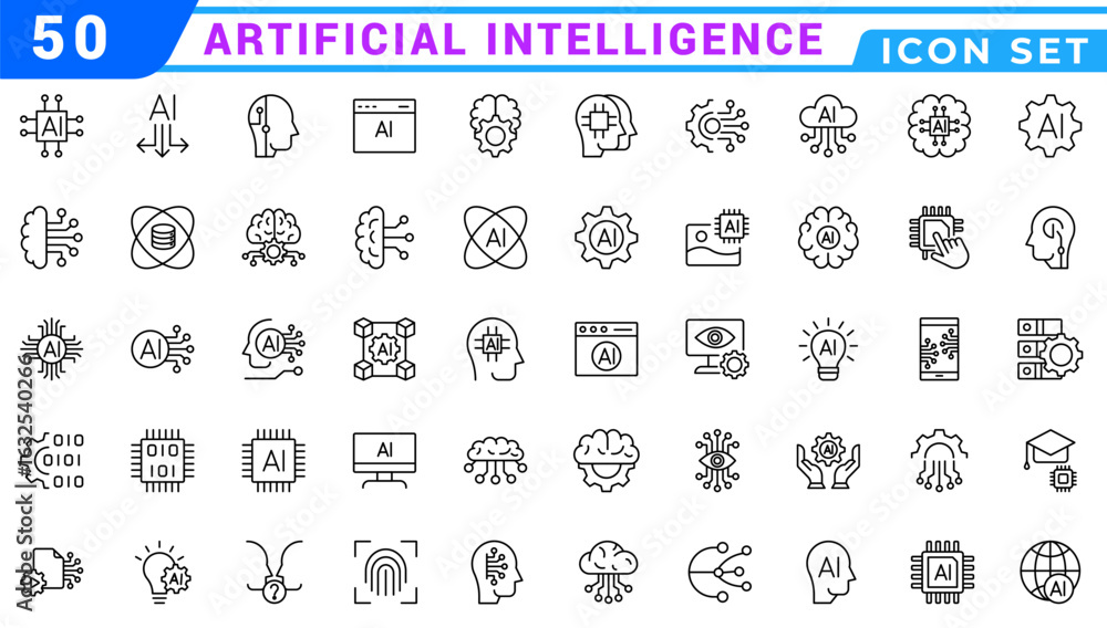 Poster artificial intelligence icon set. containing machine learning, data science, ai, virtual assistant, 