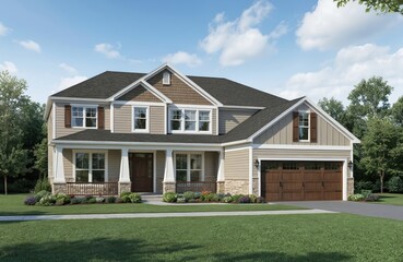 Obraz premium Two-story house in residential area with gray exterior, well-manicured lawn. Porch with white railing in front yard, second floor wrap-around porch with black roof. Surrounded by rich greenery