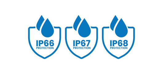 Black IP66 IP67 IP68 Icons – Waterproof Protection Badges Vector