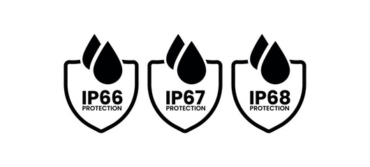 Black IP66 IP67 IP68 Icons – Waterproof Protection Badges Vector