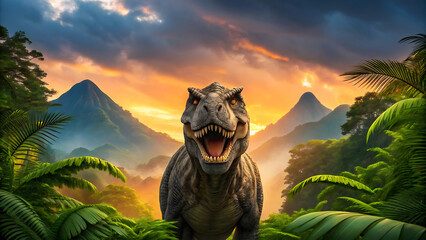 Majestic tyrannosaurus rex roars in a lush prehistoric jungle at sunset