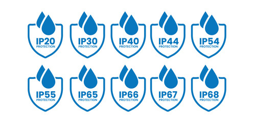Complete Black IP Protection Icons – IP20 to IP68 Vector Set