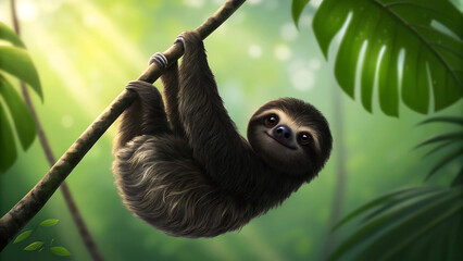 Fototapeta premium Adorable sloth hanging from a tree branch in a lush forest