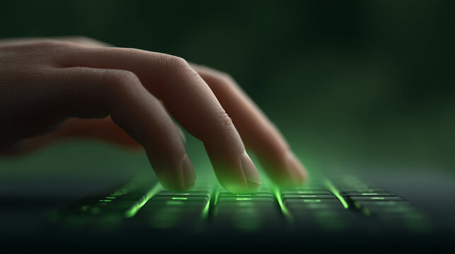 Green backlit keyboard shows fingers typing in studio light. Use for gaming, coding, or technology posters and branding.