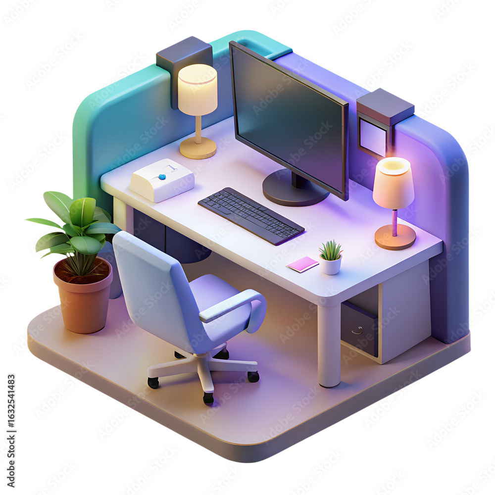 Poster 3d icon of isometric office desk with computer isolated on transparent background, modern workspace