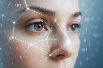 Close-up of woman's face with biometric scanning grid and binary code on abstract technology light background. Ai generative.