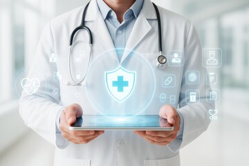 Doctor holding tablet with digital medical icons and shield symbolizing healthcare technology on light background, futuristic health concept.