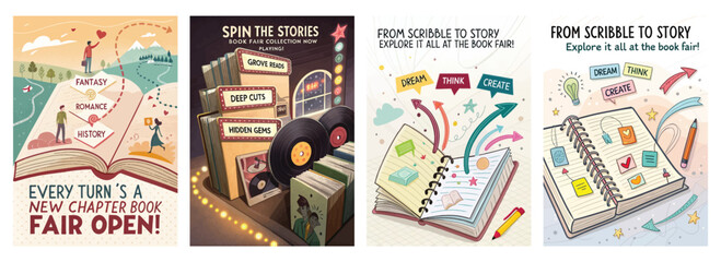Set of four posters featuring colorful illustrations for a book fair with themes of chapters music and writing