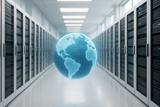Futuristic holographic globe floating in modern server room with bright lighting and technology-focused business environment concept.