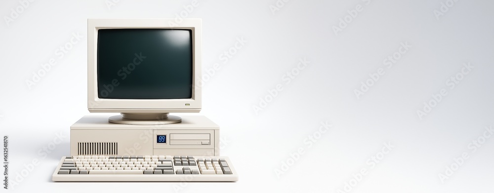 Aufkleber vintage beige desktop computer with crt monitor and keyboard on light gradient background, ideal for