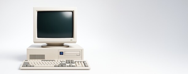 Vintage beige desktop computer with CRT monitor and keyboard on light gradient background, ideal for technology concept or advertising mockup template.