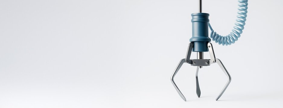 Close-up of robotic claw arm with coiled cable on light background, minimal composition with copy space for technology or business concepts.