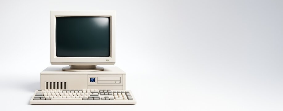 Vintage beige desktop computer with CRT monitor and keyboard on light gradient background, ideal for technology concept or advertising mockup template.