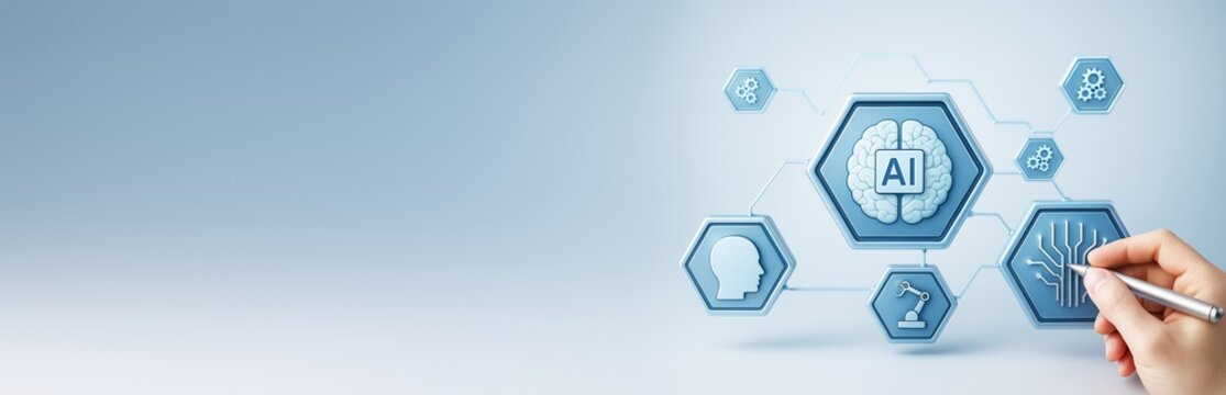 Artificial intelligence interface with circuit icons and robotic hand on light blue background for technology presentation or business template concept.