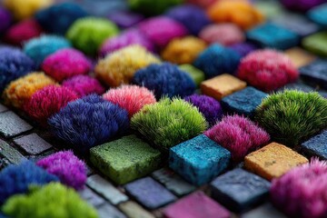 Colorful, textured squares, densely packed with tufts of vibrant, fuzzy plants