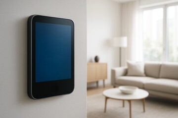 Smart home device mockup with blank screen mounted on wall in modern living room interior with soft natural light and minimalistic decor. Ai generative