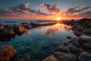 Serene sunset over a calm ocean pool surrounded by rocks, with clouds reflecting in the water and the sun's rays breaking through
