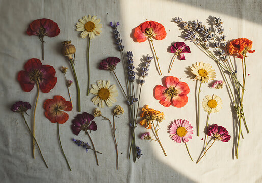 A collection of colorful dried pressed flowers and botanical specimens arranged on a white fabric surface with natural sunlight. - Powered by Adobe