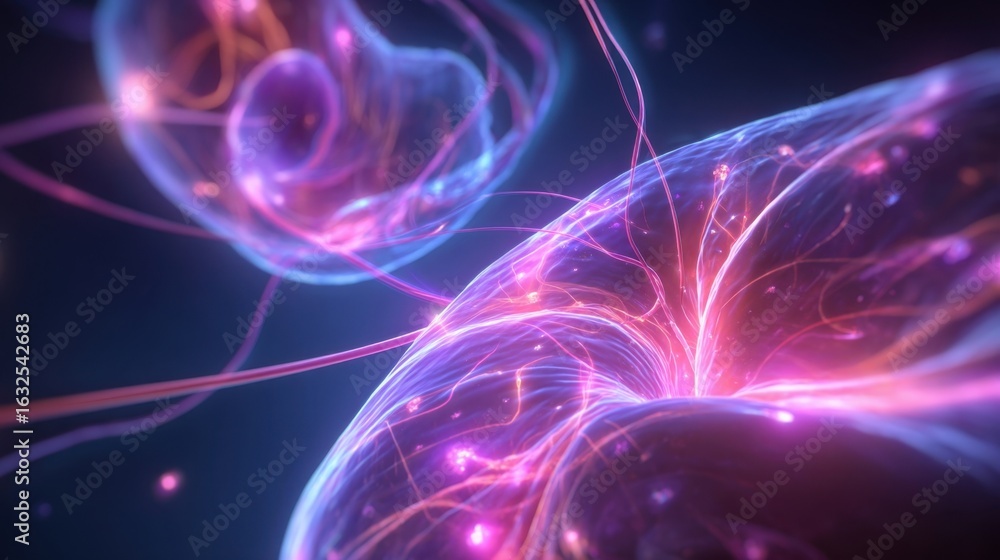 Poster futuristic graphic of smooth muscle beneath bladder lining with random neon pulses highlighting hype