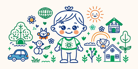 Obraz premium Cartoon boy with houses trees sun car flowers and animals cute nature scene vector illustration design art vector illustration