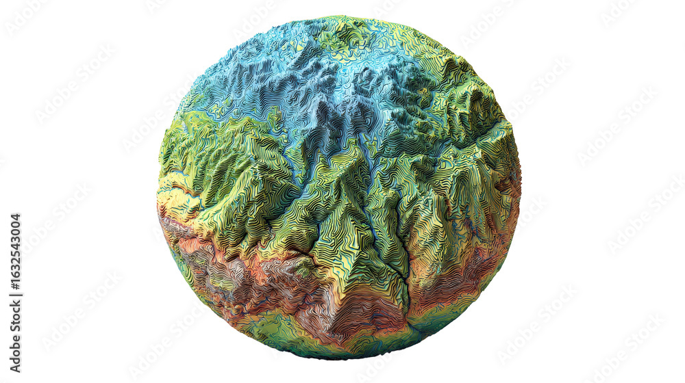 Poster detailed topographic 3d globe with mountain textures, background isolated on a transparent backgroun