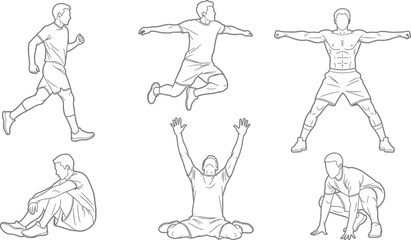 Vector art of set of various exercise poses for men, showcasing different workout routines and fitness activities